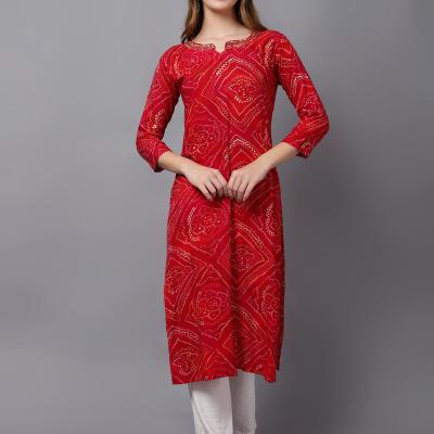 Charvi - Red Orange Badhani Viscose rayon Printed Womens Kurti
