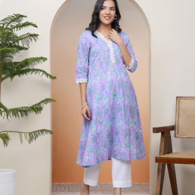 VAASVA - Lavender Floral Cotton Printed Flare Kurti