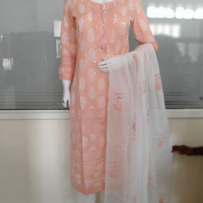 Cotton Printed Sequence and Lace Work Kurti with Pant and Dupatta