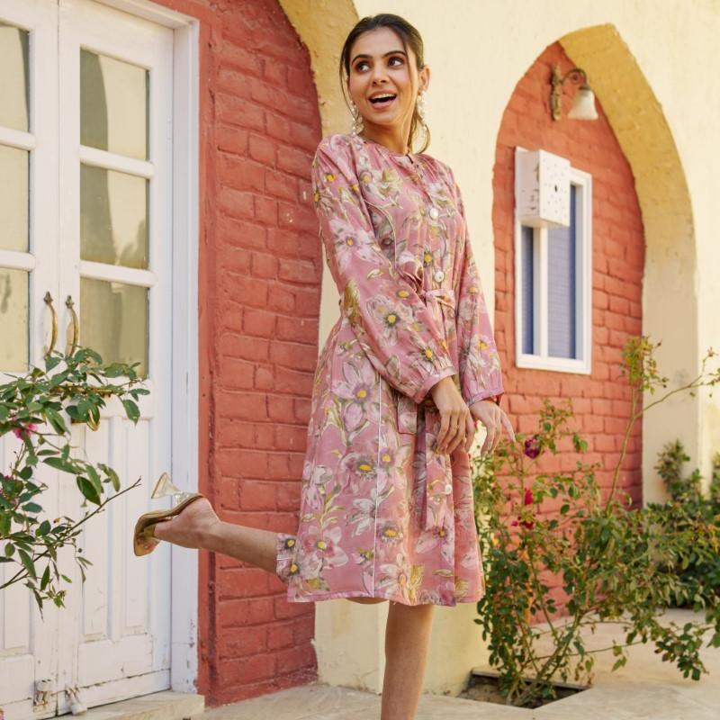 VAASVA - Pink Muslin Floral Printed Knee Length Dress