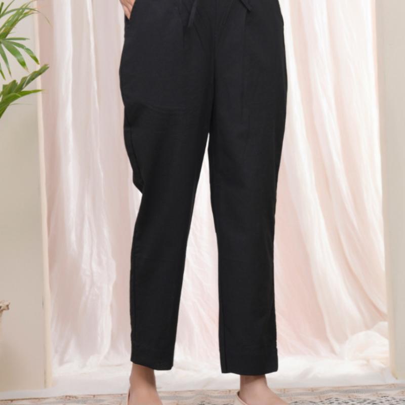 VAASVA - Black Cotton Flax Solid Straight Pants