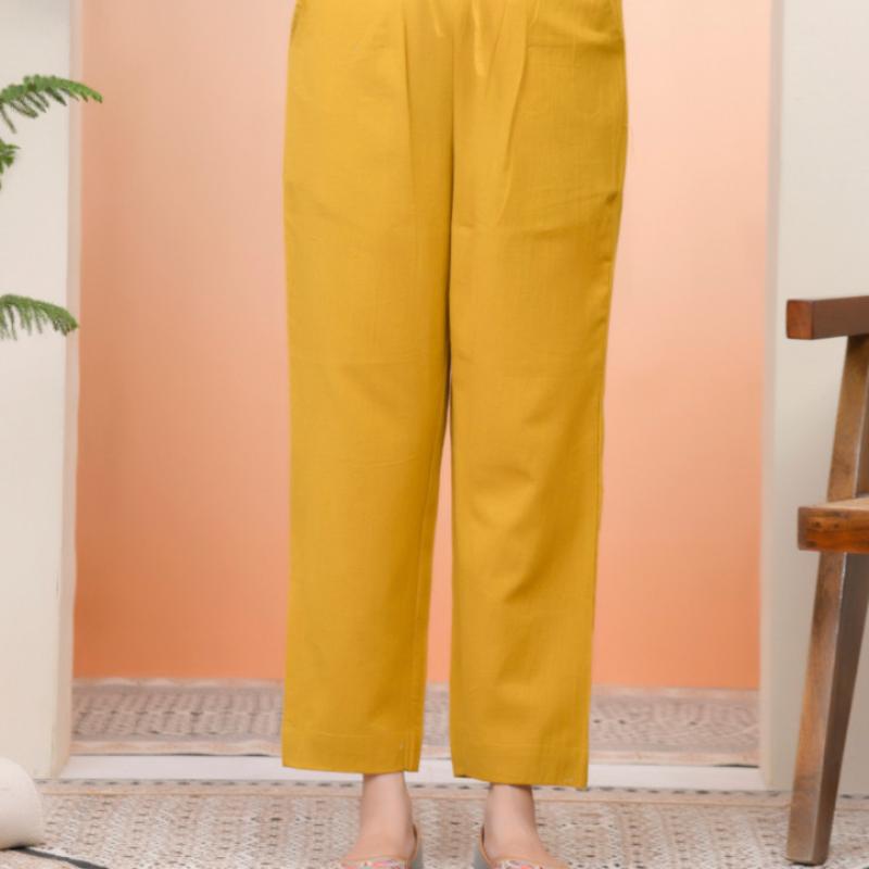 VAASVA - Mustard Cotton Flax Solid Straight Pants