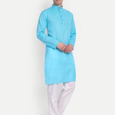 Charvi - Blue Self Design Cotton Mens Daily Wear Kurta