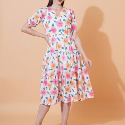 Women Schiffli Printed Floral Fit And Flare Dress