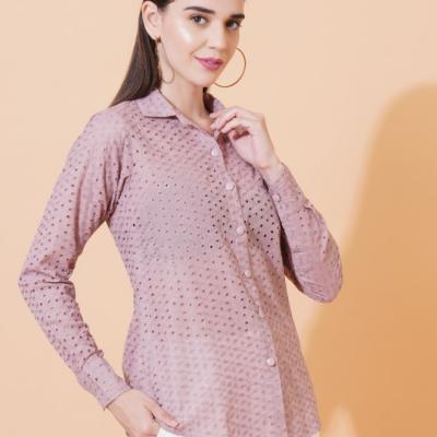 Women Solid Schiffli Work Full Sleeve Shirt