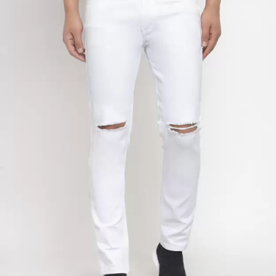 Mou - MM-21 White Knee Cut Denim Jeans For Men